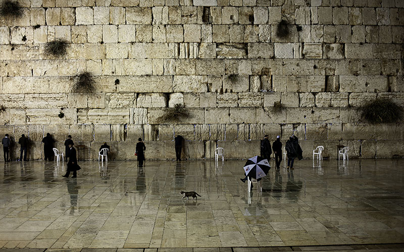 Worshippers at the Western Wall in Jerusalem on a rainy evening